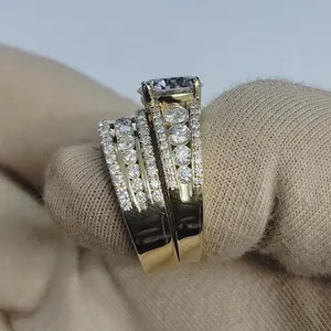 Tishya Diamond 3.00Ct Round Cut Moissanite Bridal Set Engagement Ring 14k <b>Yellow</b> Gold Plated Prong Set Romantic Style - Product Image 4