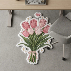 Alfombra de Lana con Diseño Geométrico Antideslizante, Hecha a Mano, con Motivo de Ramo de Tulipanes Rosas, Alfombra Decorativa Suave para Dormitorio o Sala de Estar - Product Image 3