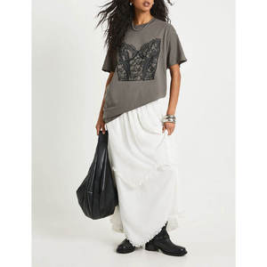 Camiseta de Manga Corta para Mujer, Cuello Redondo, Gris Sólido, 100% Algodón Ecológico, Diseño de Parches, Corte Holgado, Transpirable - Product Image 4
