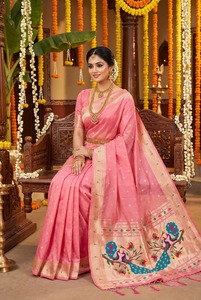 Silk Saree With Peacock Embroidery Hand Drawn Traditional Indian Wedding Wear For Women - Product Image 4
