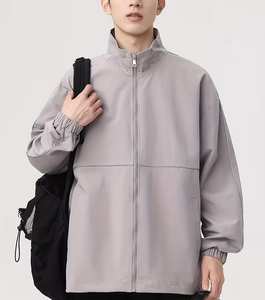 Men's Gray Racer Jacket Solid Color Zipper Closure Stand Collar Casual Windproof Polyester Autumn Wear - Product Image 3