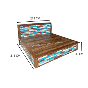 Cama de Madera de Barco Reciclada con Cabecera Estilo Patchwork, Color Original, Diseño Sostenible para Dormitorio - Product Image 1