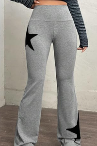 Pantalones acampanados grises de cintura alta para mujer Hardhoodi Interation con estampado de estrellas negras, cintura elástica, ajuste holgado informal para yoga y entrenamiento. - Product Image 3
