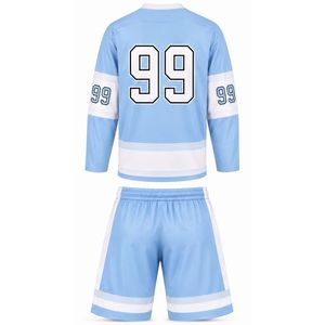 Men Light Blue Sublimated Ice Hockey Set Jersey Shorts Polyester Striped <b>Athletic</b> Sports Uniform Match Wear Apparel - Product Image 2
