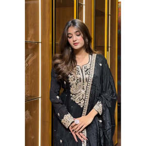 Ensemble de vêtements de fête élégants pour femmes Valam Fashion, haut et bas noirs magnifiques et dupatta de créateur, taille L - Product Image 6