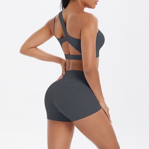 Asymmetric One-Shoulder <b>Crop</b> <b>Top</b> High Waist Shorts 2 Piece Yoga Set Seamless Solid Color Activewear - Product Image 5