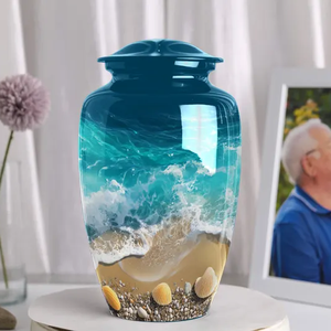 Ocean Shell Print Metal Urn Cremation Memorial Vessel Adult <b>Ashes</b> <b>Keepsake</b> Jar Table Display - Product Image 1