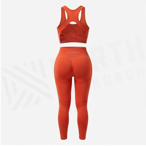 Conjunto de Yoga Naranja de 2 Piezas, Top Corto Deportivo, Leggings de Cintura Alta, Transpirables, Sin Costuras, Ropa Deportiva para Mujer - Product Image 2