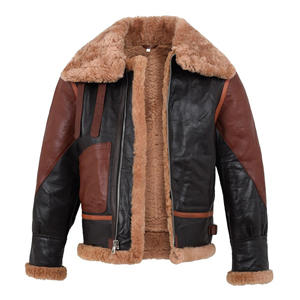 Chaqueta de Cuero Tricolor para Hombre, con Cuello de Piel Marrón, Abrigo de Invierno B3, Piel de Oveja Genuina, Forro Polar Cálido, Estilo Motero - Product Image 3
