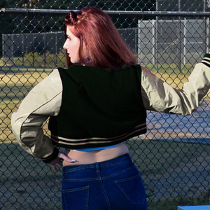 Veste courte universitaire pour femme, vert foncé beige, style Letterman, manteau bomber, manches en similicuir, vêtement d'extérieur décontracté, mode féminine - Product Image 5