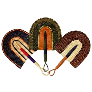 Conjunto de ventilador de mano africano con mango de cuero, surtido de cortacésped tejido, pequeño, multifuncional, colorido
