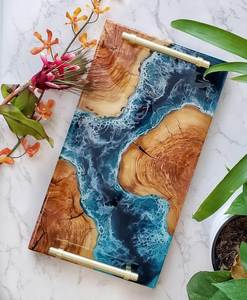 Handmade <b>Wood</b> Resin Serving Tray with Steel Handles Luxury Epoxy Resin Wooden Tray for Tea & Snacks - Product Image 2