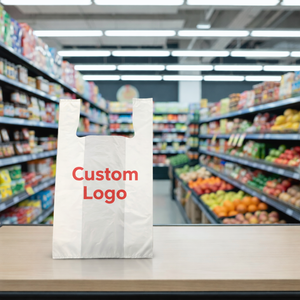 Sacs de courses en plastique jetables en HDPE PE écologiques, personnalisables, prix usine OEM, sacs à emporter imprimés « Merci » - Product Image 1