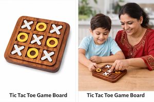 Jeu de Tic Tac Toe en bois avec des pions blancs X et jaunes O, design minimaliste pour enfants et adultes - Product Image 4