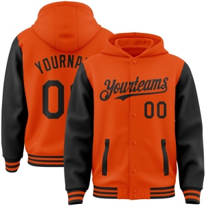 เสื้อแจ็คเก็ตฮู้ดดี้แบบมีกระดุมสองสีส้มดำ รุ่น Varsity Letterman สั่งทำได้จากโรงงาน OMMIZ INDUSTRY ขายส่งโดยตรง - Product Image 1