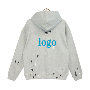 Sudadera con Capucha Corta Unisex de Algodón 100% de Alto Gramaje, con Diseño de Salpicaduras de Pintura y Efecto Desgastado, Sin Cordones, para Invierno - Product Image 1
