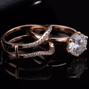 Round Cut Simulated Diamond Sterling <b>Silver</b> Vintage Bridal Wedding Band <b>Ring</b> <b>Set</b> in 14k Rose Gold - Product Image 2