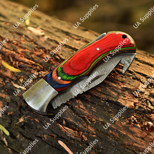 Cuchillo Plegable Multifuncional de Supervivencia al Aire Libre de Acero de Damasco Hecho a Mano con Gancho para Deshuesar, Mango de Madera Pakka, Bisel OBM y Funda de Cuero - Product Image 2