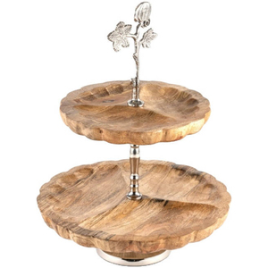 Support à gâteau moderne à 2 niveaux en bois de manguier et métal doré, élégant support rond en bois pour cupcakes et présentoir à desserts pour table de cuisine - Product Image 5
