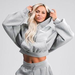 <b>Womens</b> Solid Gray Knitted <b>Fleece</b> Pullover Hoodie with Drawstring Hooded Sweatshirt Crop <b>Top</b> Hoodies - Product Image 1