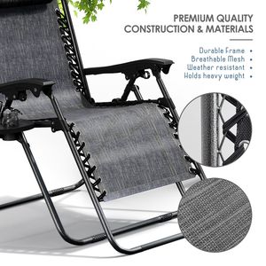 Chaise longue d'extérieur zéro gravité avec porte-gobelet, chaise de camping pliable portable en gris - Product Image 2