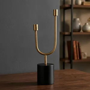 Modern Gold Metal Candle Holder With <b>Black</b> Marble Base Minimalist Double Arm Taper <b>Candlestick</b> for Dining Table Home Decor - Product Image 4