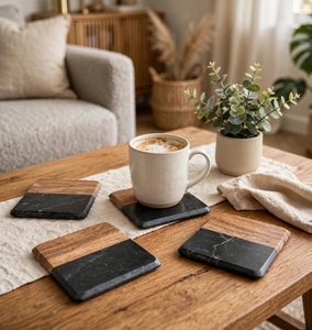 Ensemble de dessous-de-verre rectangulaires en bois et pierre, tapis de table pour table basse, salon - Product Image 1