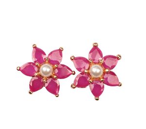 Natural Ruby Gemstone Beaded Earrings Cut Ruby Halo Dangle Copper Diamond Accents <b>Post</b> Friction Back Bridal Eco-Friendly Classic - Product Image 3