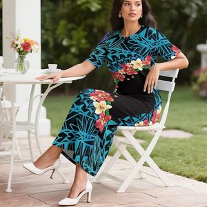 Vestido midi entallado con estampado floral, cuello redondo, manga corta, informal, de verano, tejido en poliéster. - Product Image 4