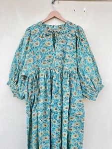 Boho Style Floral Block Print Viscose Midi <b>Dress</b> With Tie Neck Puff Sleeve <b>Loose</b> Fit Summer Casual <b>Dress</b> For Women - Product Image 6