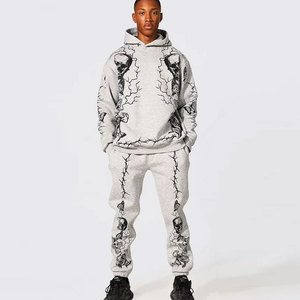 Sweat-shirt à capuche imprimé crâne gris pour homme, ensemble de survêtement à manches longues, streetwear, pantalon de jogging avec poches latérales, vêtements d'automne - Product Image 1