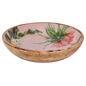 Bol de service tendance en bois avec autocollant émaillé motif floral, bol à fruits en bois de manguier, décoration de table, ustensile de cuisine - Product Image 1