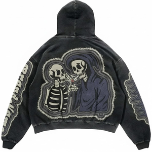 Sudadera con Capucha Personalizada con Gráfico de Calavera, de Alta Calidad, 100% Algodón, Tejido de Felpa, Lavado Ácido, Estilo Urbano, Unisex - Product Image 2
