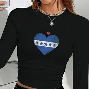 Top Corto de Manga Larga con Estampado de Corazón de la Bandera de Honduras para Mujer, Estilo Y2K, Cuello Redondo, Manga Larga, Ajuste Regular, Spandex, Poliéster - Product Image 1