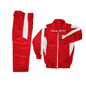 Ensemble de survêtement imprimé à capuche pour homme, coloris blanc, bleu et rouge, veste zippée et pantalon sportifs en polyester tricoté respirant - Product Image 1