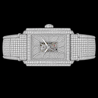 Montre rectangulaire squelette en argent sertie de pierres, montre-bracelet de luxe pour homme