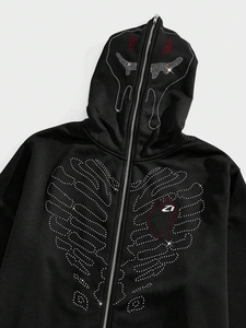 Sweat à capuche zippé intégral en molleton de coton, motif squelette en strass, coupe oversize, streetwear, design graphique, fabrication sur mesure, fourniture pour marques - Product Image 3