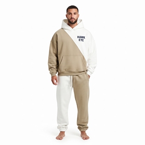 Ensemble de survêtement en molleton de coton pour homme, coupe oversize, deux tons, avec sweat à capuche à épaules tombantes et pantalon de jogging coupe décontractée, color block, deux pièces - Product Image 3