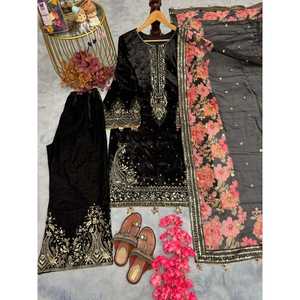 Ensemble de soirée pour femmes, design élégant, avec haut en velours, pantalon palazzo et magnifique dupatta - Product Image 2