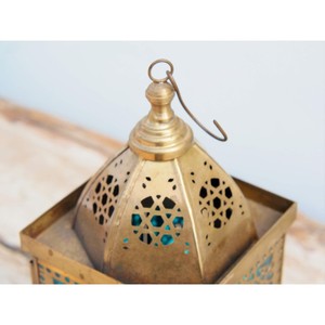 <b>Brass</b> Rectangular <b>Lantern</b> with Blue Glass Panels and Intricate Cutouts for Home Decoration Durable Finish - Product Image 3