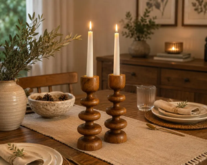 Handmade Wooden Taper Candle Holders, Rustic Dining Table Decor, Natural Wood By B H Brothers - Product Image 1