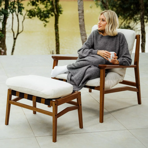 Midcentury Modern Wood <b>Armchair</b> With Cream Cotton Upholstery Outdoor <b>Dining</b> Chair - Product Image 2