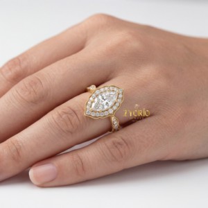Marquise Cut Halo Ring 10K Gold Vintage Style Engagement Ring Milgrain Diamond Ring Elegant Gift for Her - Product Image 3