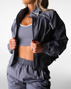 Women's Gray Lightweight Windbreaker Tracksuit Set Stand Collar line piping contrast windbreaker set nylon windbreaker - Product Image 5