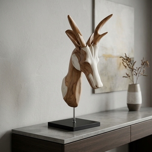 Bull Suge Stand Handcrafted <b>Wooden</b> Animal Head Sculpture <b>Rustic</b> Tribal Tabletop Decorative Artwork Metal Stand Home Decor Accent - Product Image 5