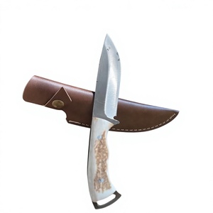 Couteau de chasse à lame fixe à pointe tombante avec manche en bois de cerf et étui en cuir, lame en acier inoxydable, pour usage extérieur - Product Image 1