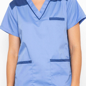 Women Blue V-Neck <b>Scrub</b> <b>Set</b> With Pockets Hospital Uniforms Cotton Polyester Woven Fabric Needle Detection - Product Image 4