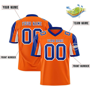 Camiseta de Fútbol Americano Personalizada para Hombre, Naranja y Azul, Cuello en V, Manga Corta, Impresión Sublimada, Absorbe la Humedad, Nombre y Número del Equipo - Product Image 2