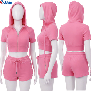 Conjunto Deportivo de Top Corto con Capucha y Pantalones Cortos para Mujer, Color Verde Lima, de Manga Corta con Cierre, para Primavera/Verano, Superventas - Product Image 5