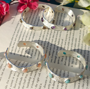 Gemstone Geometric Oval Cabochon Textured Open Cuff Bangles <b>Bracelet</b> Gold Rose Gold Plated Silver Handmade Brass <b>Adjustable</b> - Product Image 6